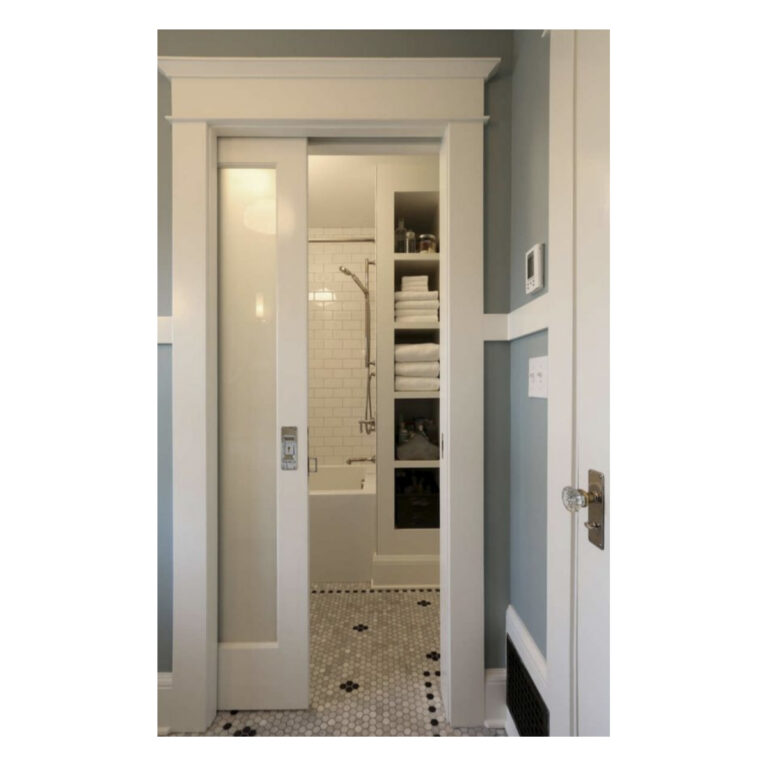 Installed photo of the 1000 series knock-down 3-wheel universal pocket door frame.